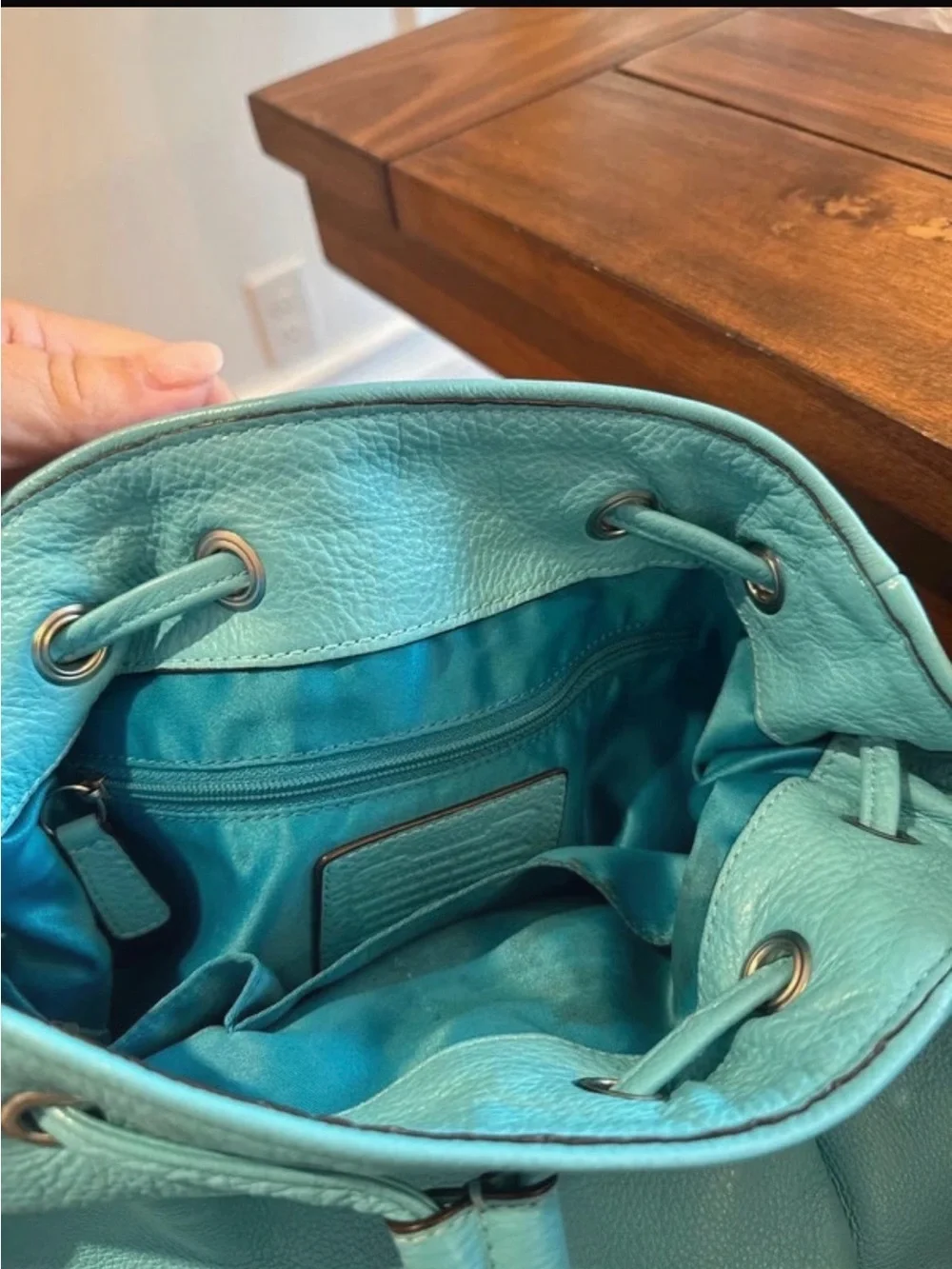 COACH Turquoise Drawstring Leather Bucket Bag